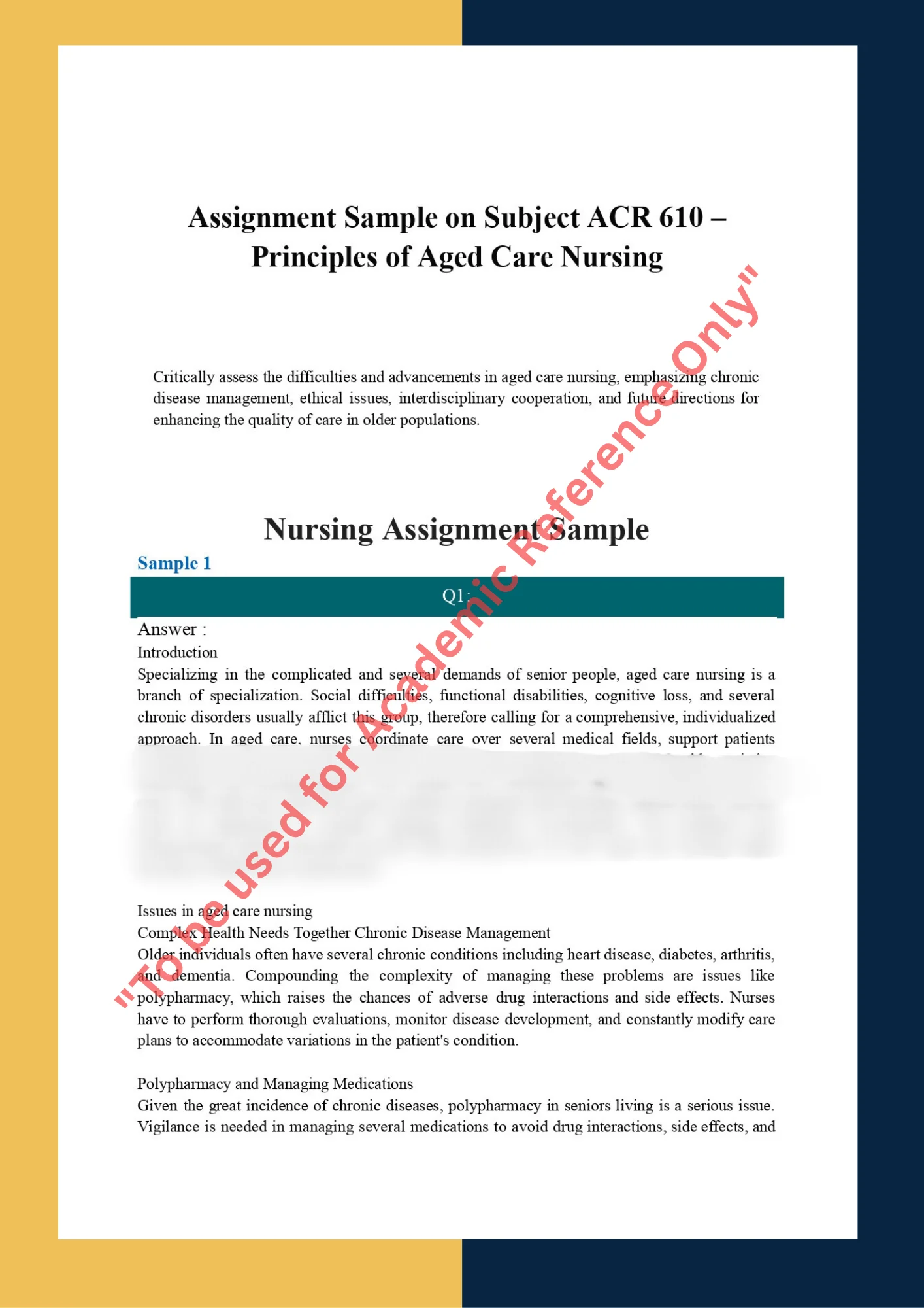 Assignment Sample on Subject ACR 610 – Principles of Aged Care Nursing 0